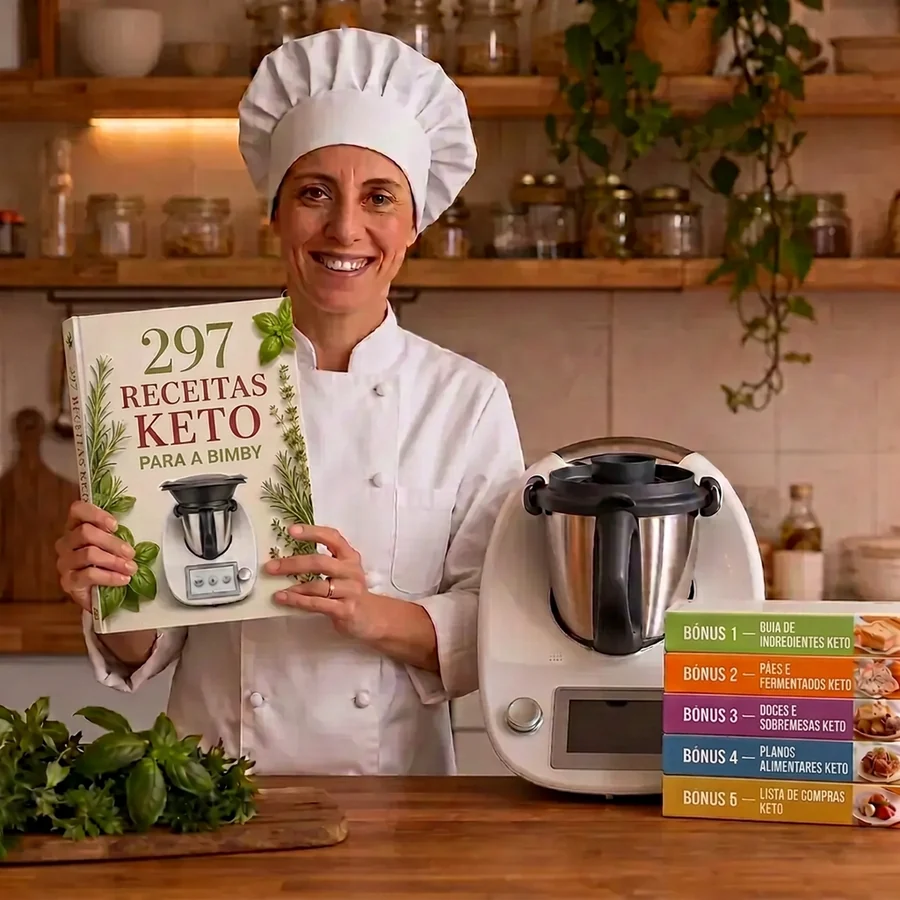 Marta Almeida com o livro das 297 receitas keto para a Bimby e a máquina de cozinha